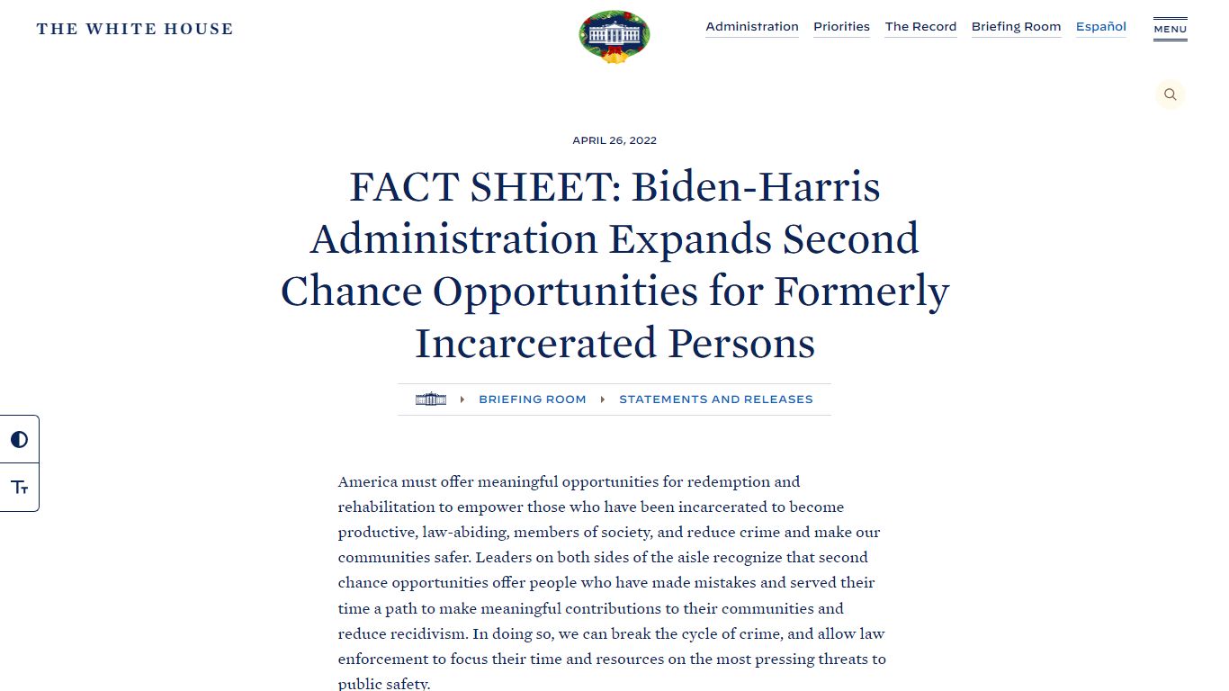FACT SHEET: Biden-Harris Administration Expands Second Chance ...